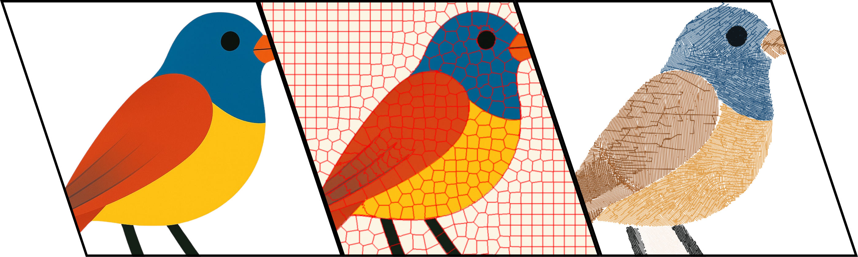 A bird transformed from a flat image through superpixel segmentation into a direction-aware embroidered rendering